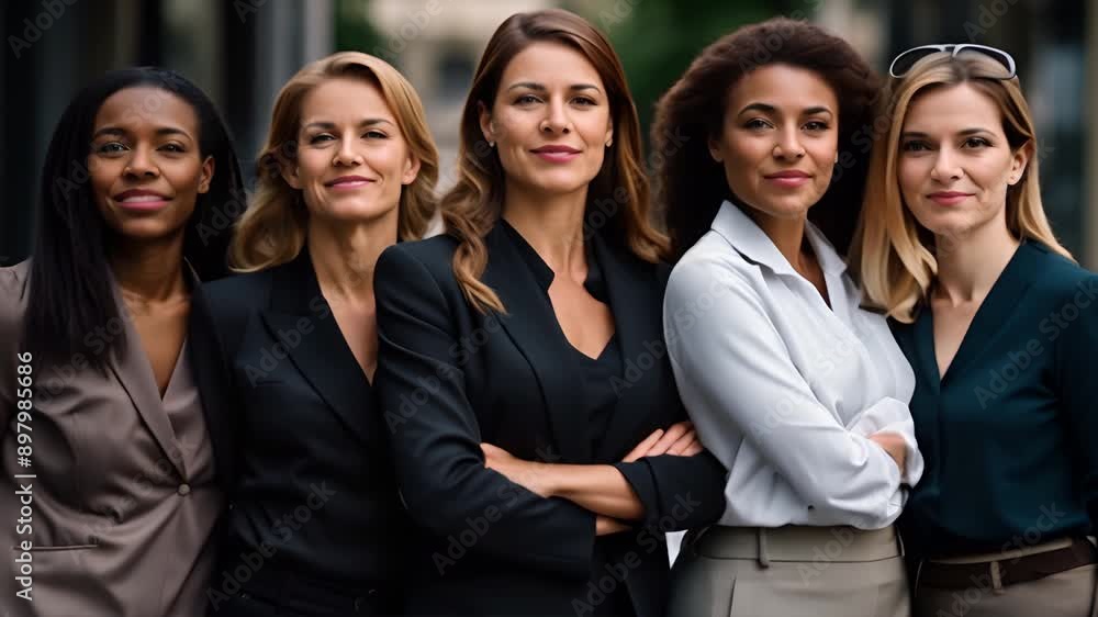 Smiling business team standing together, looking confident and successful Smiling business team standing together, looking confident and successful