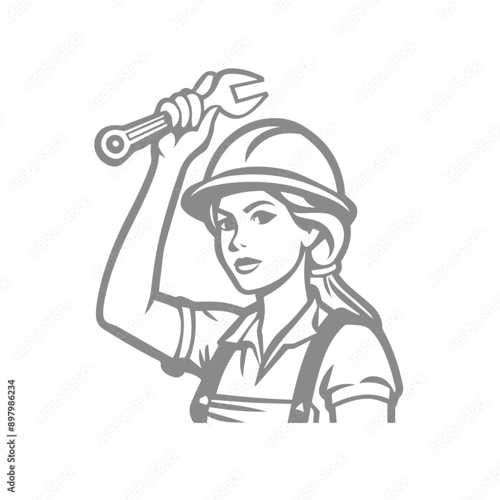 Female worker in hard hat holding wrench, empowerment concept Female worker in hard hat holding wrench, empowerment concept