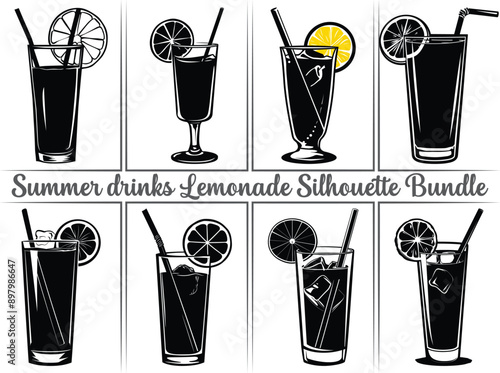 Lemonade silhouette bundle. Lemon juice clipart illustration featuring silhouettes of citrus fruits, including orange, lime, and lemon, as well as summer drinks like lemonade. Perfect drinks for refre