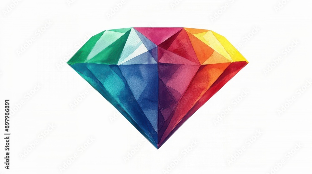 This stunning watercolor illustration features a vibrant diamond, radiating hues of color against a clean white backdrop. This stunning watercolor illustration features a vibrant diamond, radiating hues of color against a clean white backdrop.
