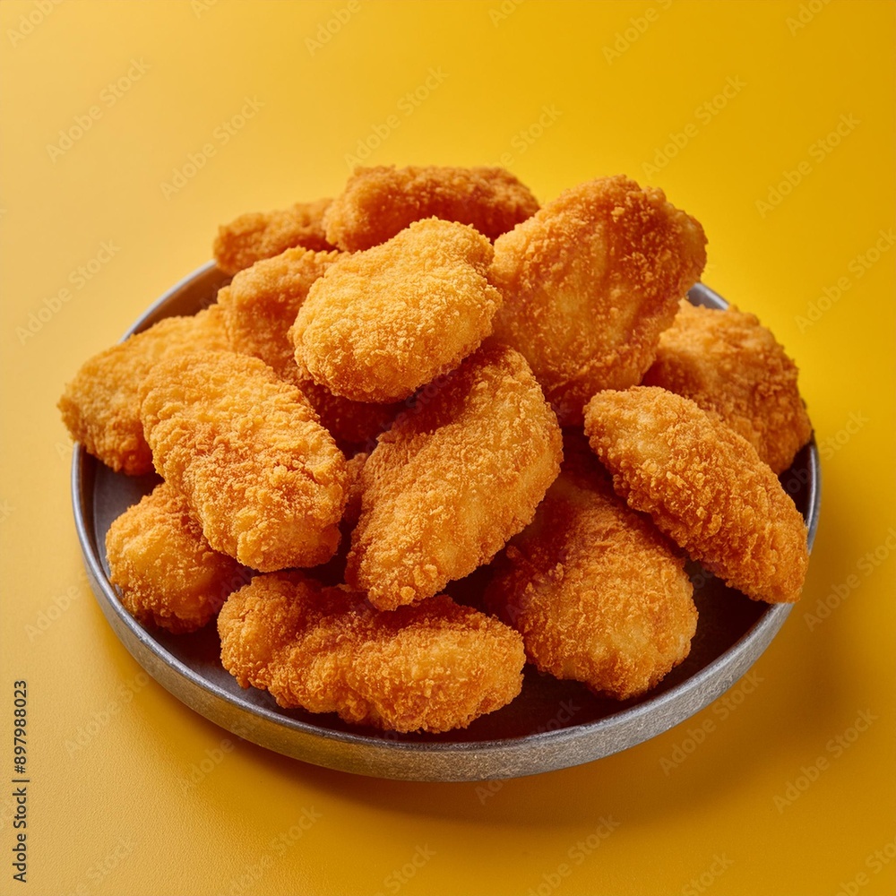 Spicy fried crispy chicken nuggets on yellow background Spicy fried crispy chicken nuggets on yellow background