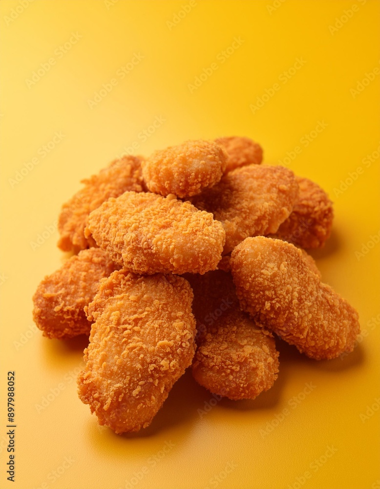 Spicy fried crispy chicken nuggets on yellow background Spicy fried crispy chicken nuggets on yellow background