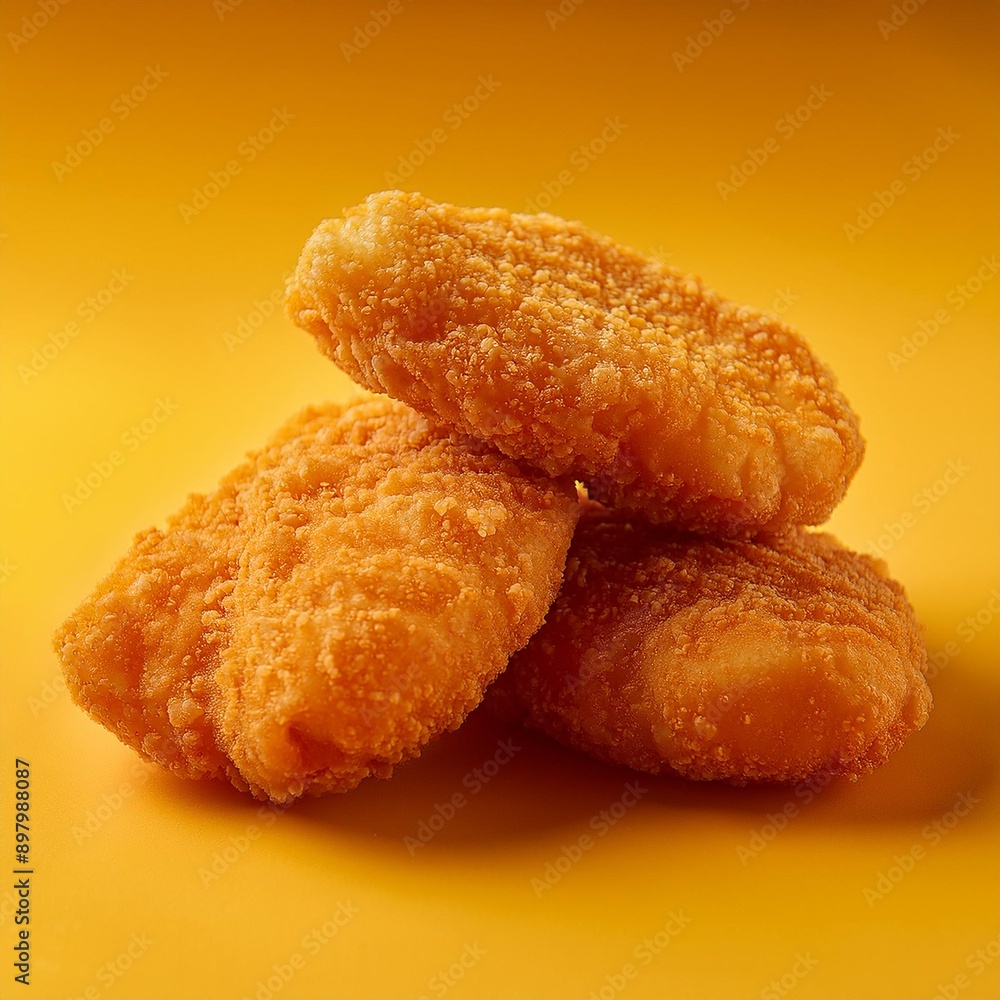 Spicy fried crispy chicken nuggets on yellow background Spicy fried crispy chicken nuggets on yellow background