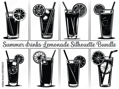 Lemonade silhouette bundle. Lemon juice clipart illustration featuring silhouettes of citrus fruits, including orange, lime, and lemon, as well as summer drinks like lemonade. Perfect drinks for refre