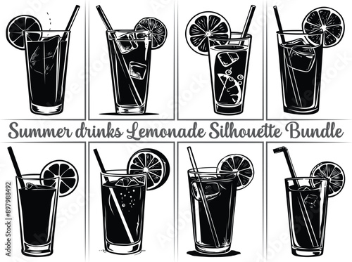 Lemonade silhouette bundle. Lemon juice clipart illustration featuring silhouettes of citrus fruits, including orange, lime, and lemon, as well as summer drinks like lemonade. Perfect drinks for refre