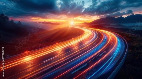 Winding road at sunset with light trails - generative ai