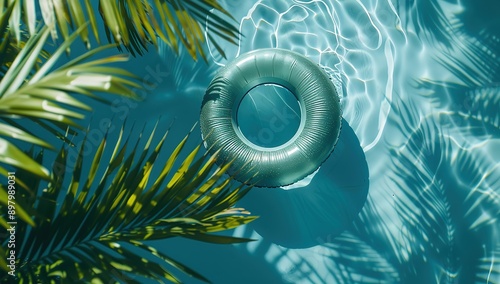 Top view of an inflatable ring floating in a tropical summer pool with palm leaves and blue water background. Cinematic effect highlighting vibrant colors and textures of swimming pool 