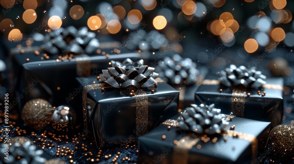 Luxury black wrapped gifts with sparkling decorations - generative ai Luxury black wrapped gifts with sparkling decorations - generative ai