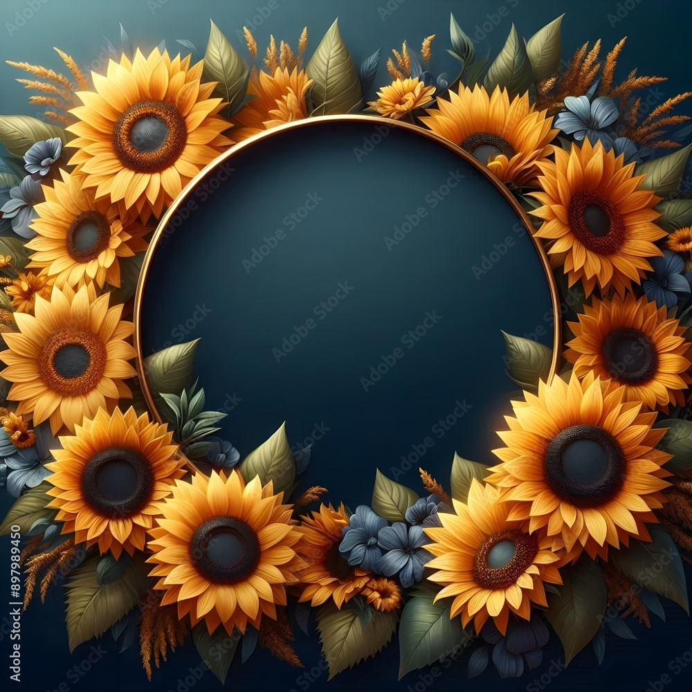 Sunflower Wreath Surrounding a Black Frame on a Navy Blue Background Sunflower Wreath Surrounding a Black Frame on a Navy Blue Background