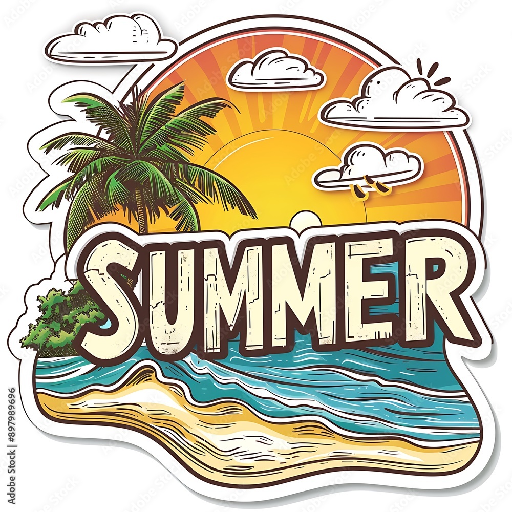 Fototapeta premium Summer Sticker with Palm Tree, Beach, and Sunset