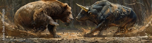 Bear and bull tugofwar, dramatic scene, muddy ground, intense competition