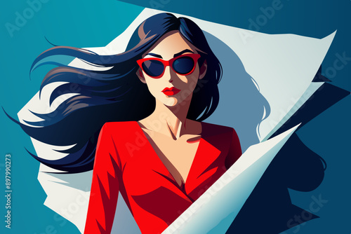 Mujer vestida de rojo con una hoja de papel rota