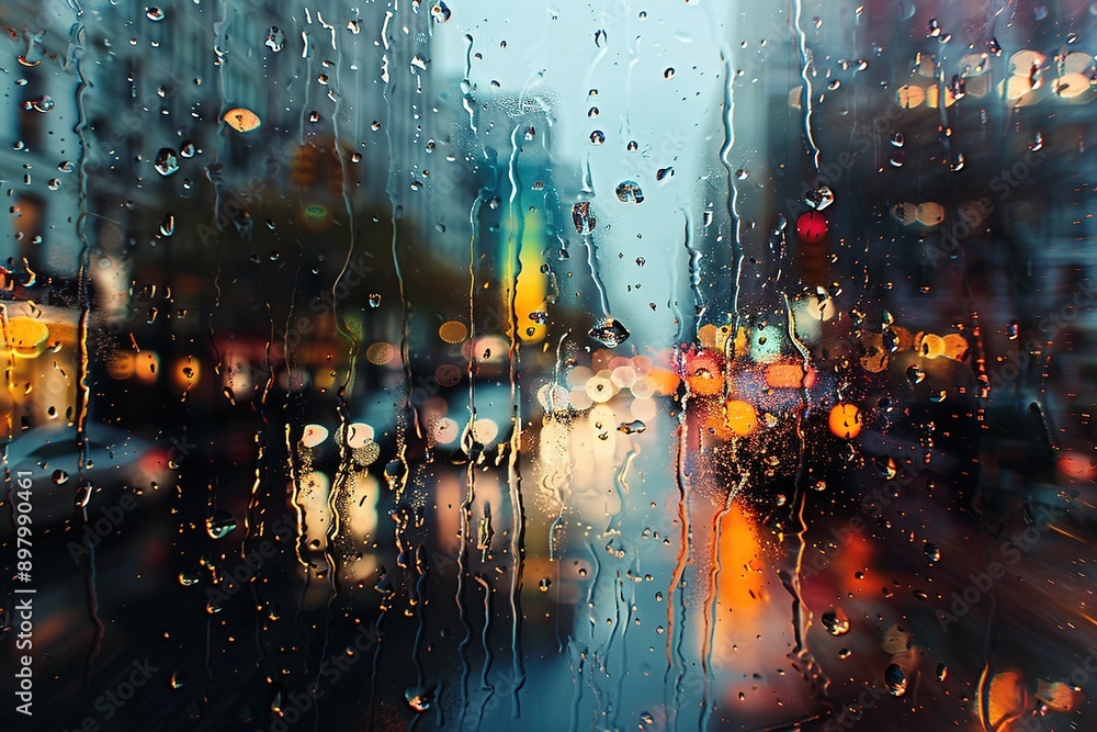 Photograph of raindrops streaming down a window, blurring the view of a city street in the background. The image captures the essence of an impressionist painting, with raindrops obscuring buildings Photograph of raindrops streaming down a window, blurring the view of a city street in the background. The image captures the essence of an impressionist painting, with raindrops obscuring buildings