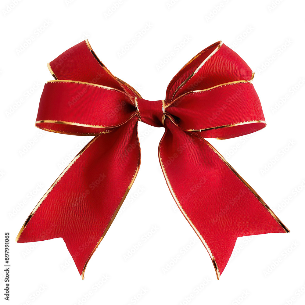 A red ribbon bow with gold trim on transparent background