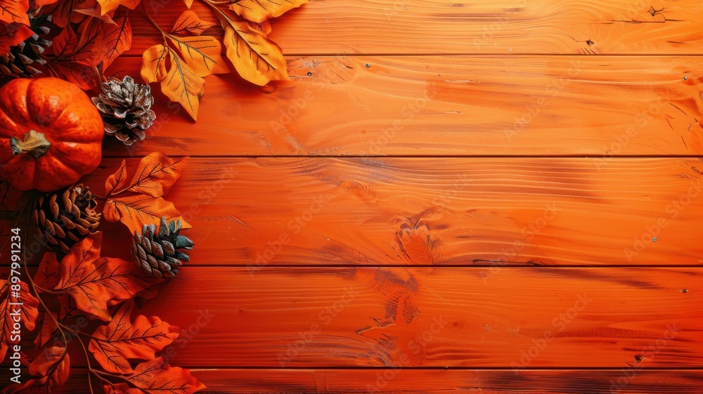 Fototapeta premium Thanksgiving and Autumn decoration concept made from autumn leaves and pumpkin on an orange wooden background. Top view. Horizontal banner. Free space for text. Harvest Festival
