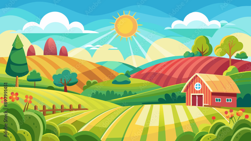 Landscape Illustration Art: Seasonal Hills and Grass Field with Farm Background Landscape Illustration Art: Seasonal Hills and Grass Field with Farm Background