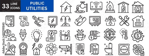 Public Utilities line icons set.  Set of 33 Public Utilities line icons set. Public Utilities outline icons with editable stroke collection. Includes Water, Fuel, Electricity, Solar House, Maintainenc photo