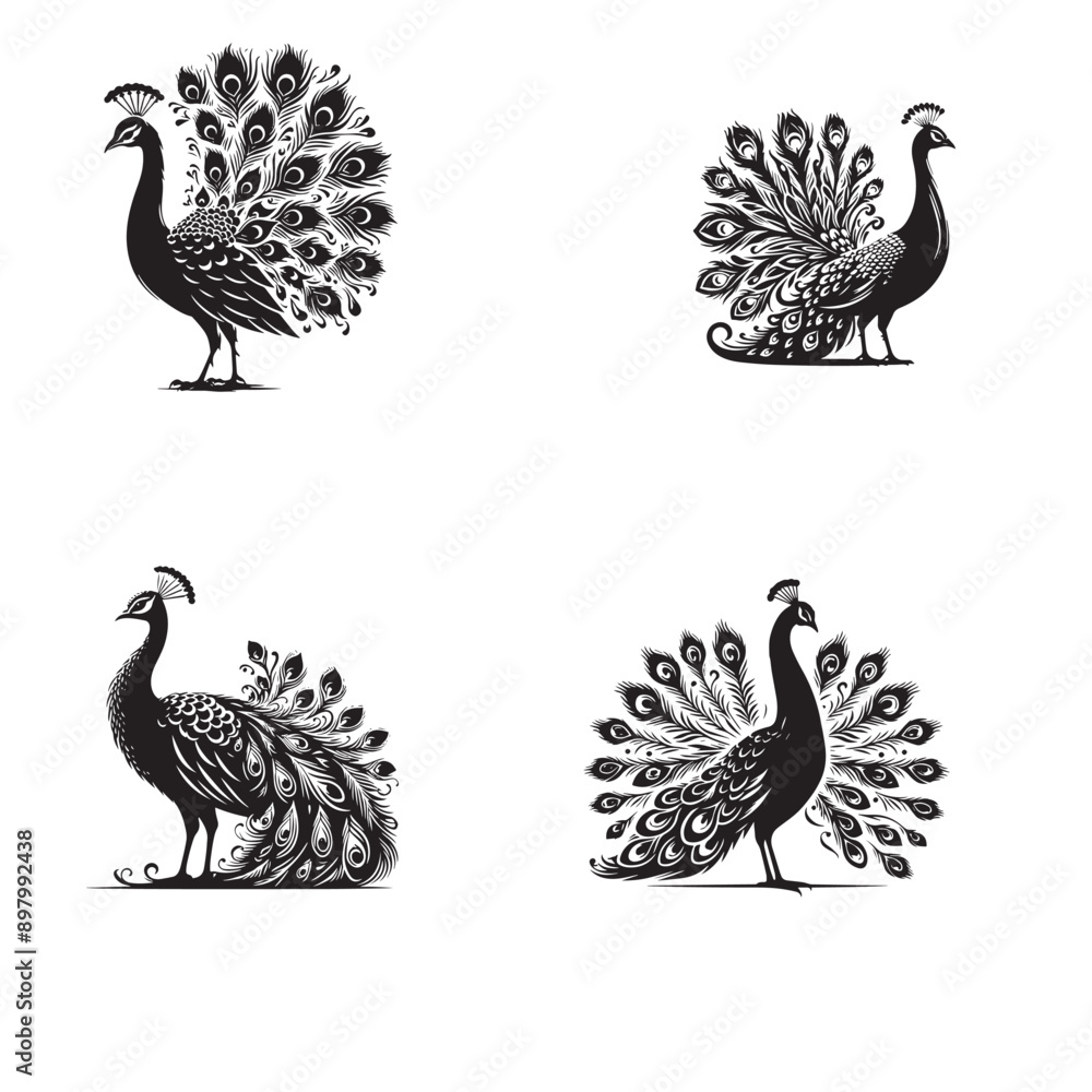 Obraz premium silhouette of clan vector Proud Peacock set isolated on white background 
