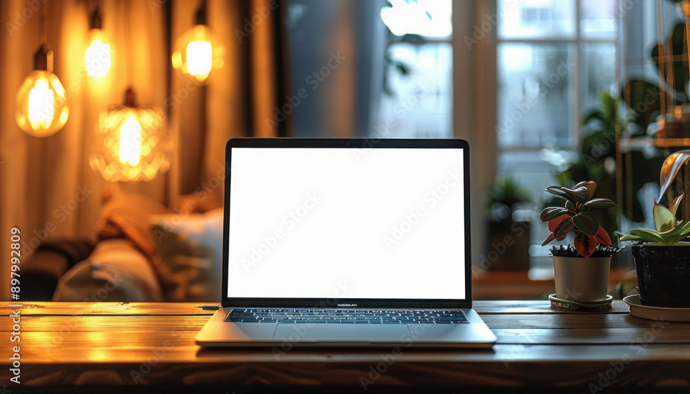 A laptop computer with a white screen is placed on a wooden table in front of a window A laptop computer with a white screen is placed on a wooden table in front of a window