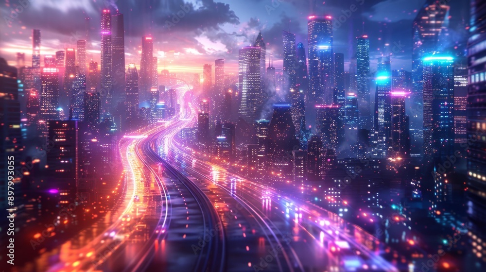 Futuristic cityscape with glowing highways - generative ai Futuristic cityscape with glowing highways - generative ai
