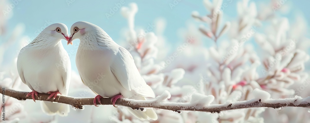A pair of white doves gently touching beaks, perched on a branch with a soft-focus background of clear blue sky and clouds. A pair of white doves gently touching beaks, perched on a branch with a soft-focus background of clear blue sky and clouds.