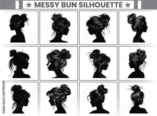 Messy Bun Silhouette Bundle Messy Bun Hair Illustration clipart Silhouette, For T-Shirt Design, Mug, Tote Bag, Etc.