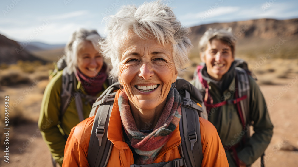 active seniors, group of retired women hiking, closeup smiling female portrait with white hair, photography. active seniors, group of retired women hiking, closeup smiling female portrait with white hair, photography.