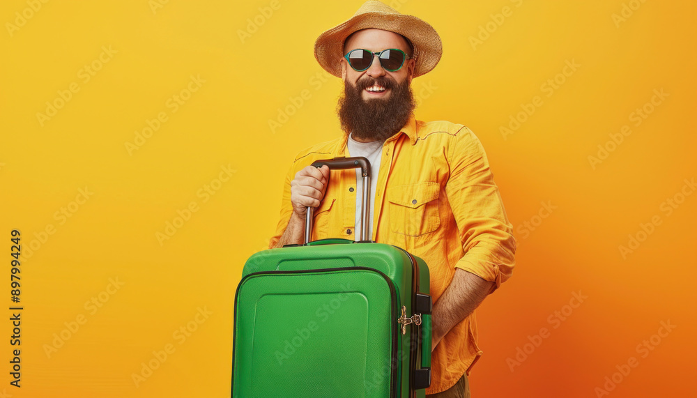 A man, content and smiling broadly, carries a green suitcase while sporting a beard A man, content and smiling broadly, carries a green suitcase while sporting a beard