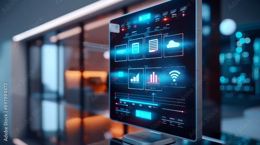 Futuristic interface displayed on digital screen showcasing data analytics and connectivity in modern workspace. Futuristic interface displayed on digital screen showcasing data analytics and connectivity in modern workspace.