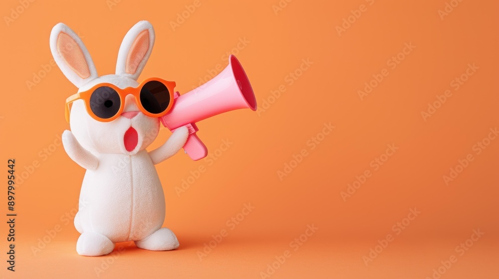 Obraz premium A trendy bunny rocks shades and holds a megaphone, ready to spread some cool vibes against a vibrant orange backdrop.