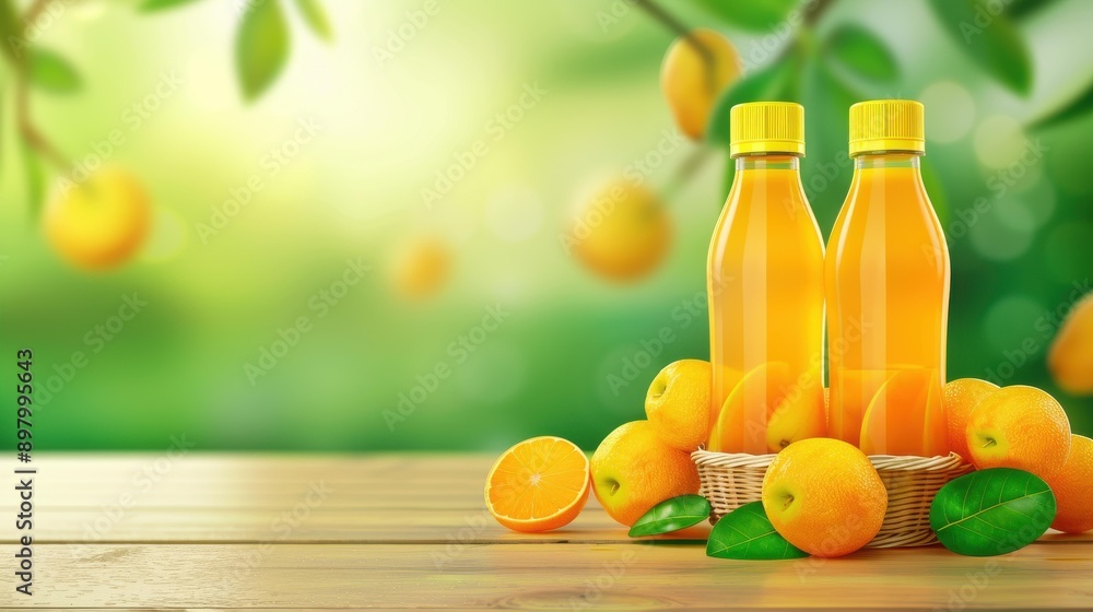 Vibrant mockup features juice bottles surrounded by fresh fruit baskets and a scenic orchard backdrop on a clean background. Vibrant mockup features juice bottles surrounded by fresh fruit baskets and a scenic orchard backdrop on a clean background.