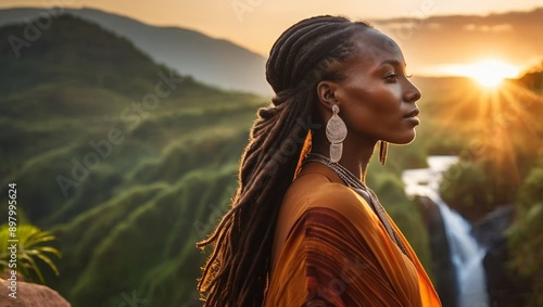 Nubian woman's blend of nature and artistry with flowing long length natural twist hairstyles vivid sunset painting illustration