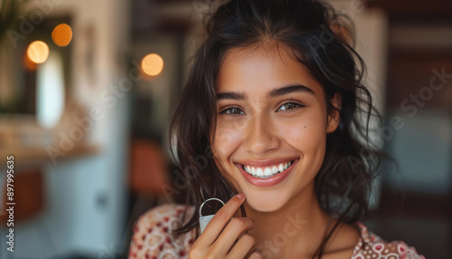 Young woman smiling while showing key