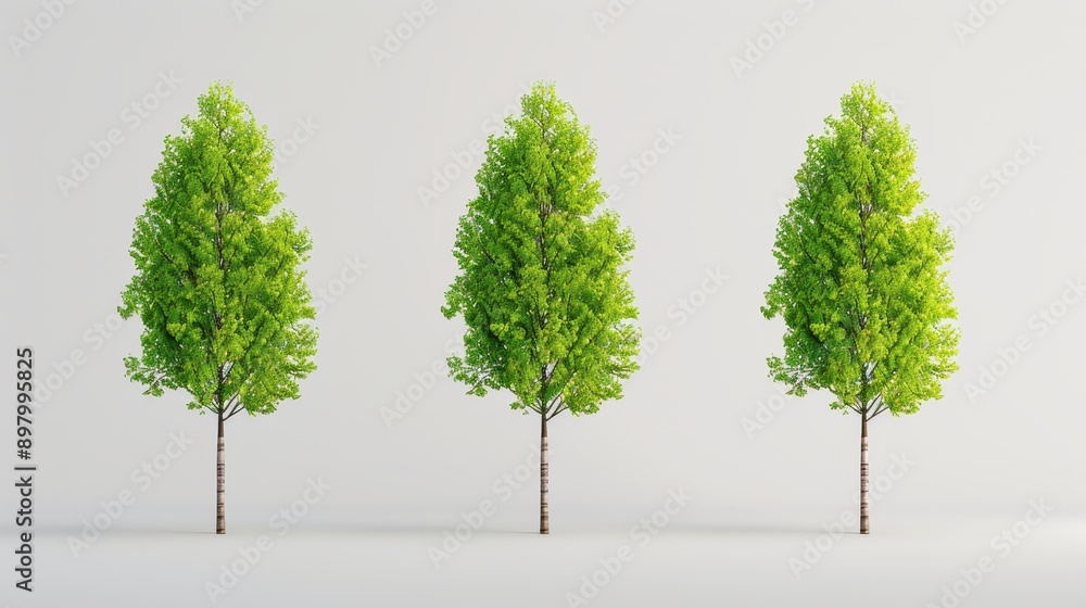 Vibrant green trees stand out against a pure white backdrop, creating a striking visual of natural beauty in 3D illustration. Vibrant green trees stand out against a pure white backdrop, creating a striking visual of natural beauty in 3D illustration.