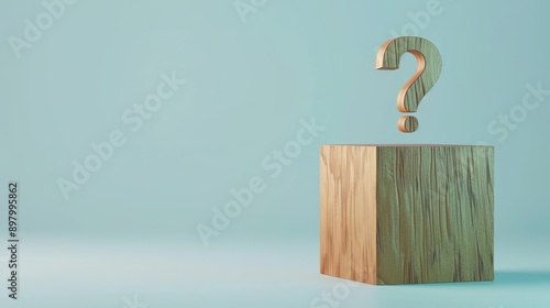 Illustration question mark symbol on wooden cube isolated on light blue background, Frequently asked questions, Space for text