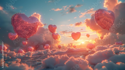 Heart-shaped balloons in a dreamy sky - generative ai photo