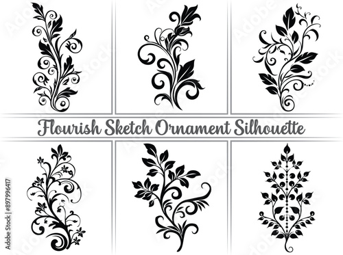 Set of Vintage Hand drawn decorative floral curls Flourish Swirl ornament silhouette.