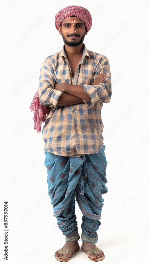 Young indian farmer dressed in typical farm attire and smiling on white background Young indian farmer dressed in typical farm attire and smiling on white background