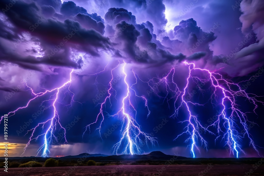 Vibrant purple and blue lightning bolts illuminate a dark thunderstorm ...