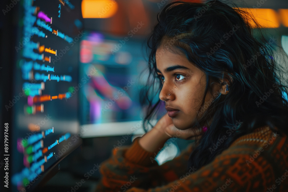 Young Indian woman programmer writing Software Code for an Innovative Big Data Project. Young Indian woman programmer writing Software Code for an Innovative Big Data Project.