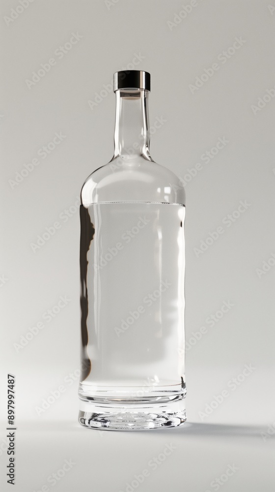 A clear glass bottle with a metal cap on a plain gray background. A clear glass bottle with a metal cap on a plain gray background.
