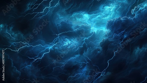 Abstract background of dark storm clouds with lightning in blue and black colors, high resolution. This dramatic and intense scene captures the raw power of nature, perfect for creative projects © Yi