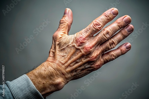 Aged adult's worn hand grasps neck, conveying strain and discomfort, against a subtle grey backdrop, evoking feelings of osteochondrosis and chronic pain. photo