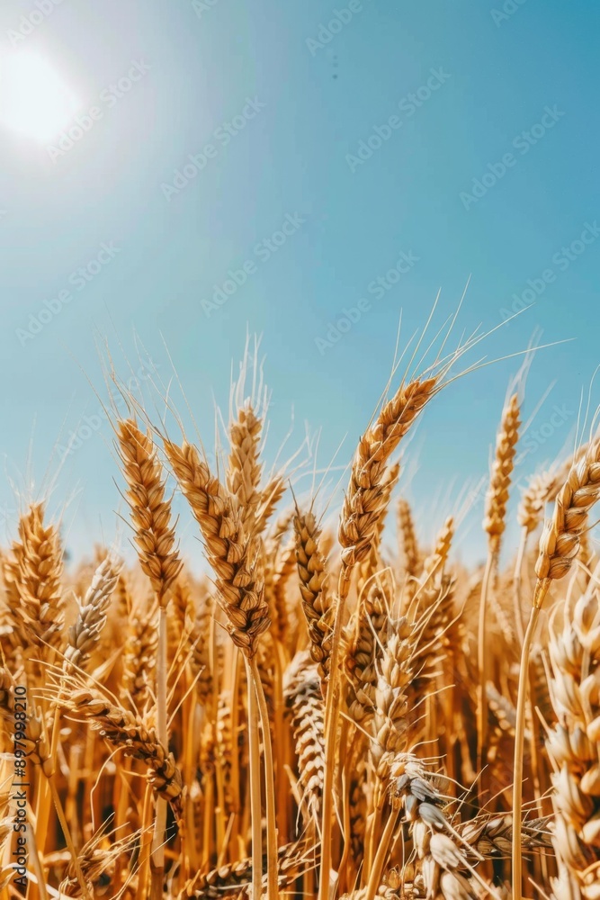 Fototapeta premium Wheat stalks sway in the breeze under a bright blue sky. AI.