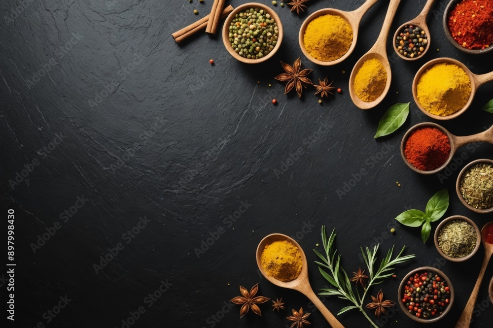 Variety Spices and herbs on black stone background, Top view with empty space background for texture. Italian food, eastern food concept. Variety Spices and herbs on black stone background, Top view with empty space background for texture. Italian food, eastern food concept.