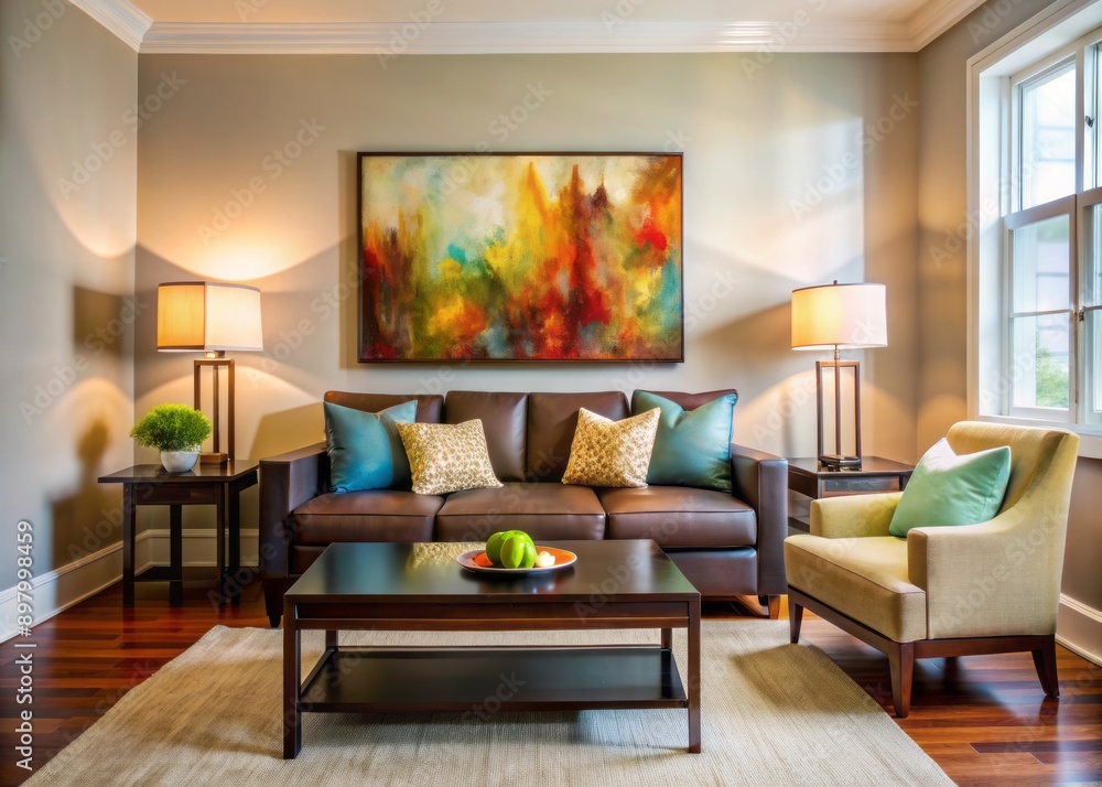 Cozy small living room with creamy walls, dark wood furniture, and a show-stopping abstract painting above the sofa, adding a pop of color and sophistication. Cozy small living room with creamy walls, dark wood furniture, and a show-stopping abstract painting above the sofa, adding a pop of color and sophistication.