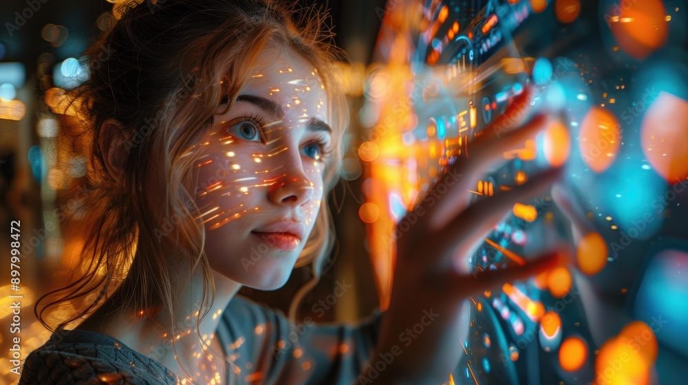 A woman's face is illuminated by streaks of light. AI. A woman's face is illuminated by streaks of light. AI.