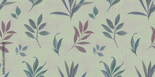 Watercolor leaves design. Illustration of drawn branches with leaves for design, seamless background, colorful hand drawn illustration for wallpaper, packaging and print