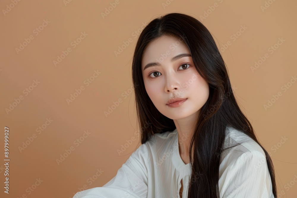 Beautiful young Asian long hair woman in white clothes with Korean style makeup on her face and perfect skin on an isolated beige background. Facial care, cosmetology, plastic surgery - generative ai Beautiful young Asian long hair woman in white clothes with Korean style makeup on her face and perfect skin on an isolated beige background. Facial care, cosmetology, plastic surgery - generative ai
