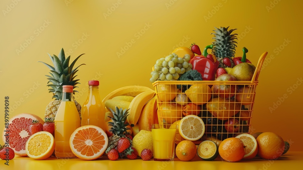 Fruit basket with juices on yellow background - generative ai Fruit basket with juices on yellow background - generative ai